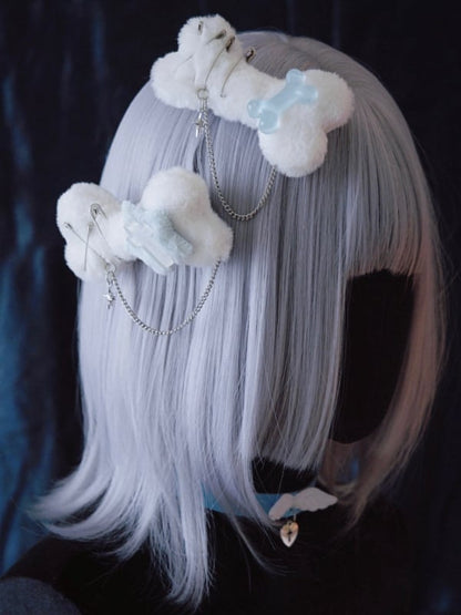 2 Options Star Charm Handmade White Plush Bone Hairclip with Chain