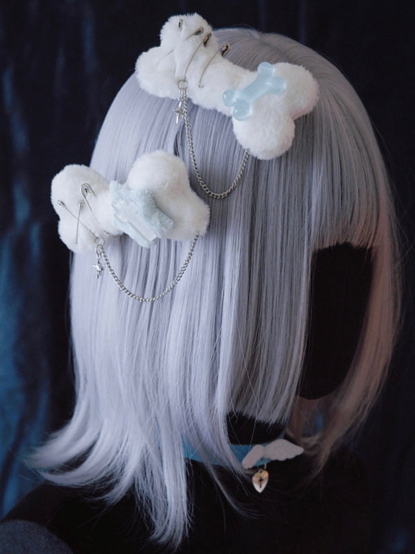 2 Options Star Charm Handmade White Plush Bone Hairclip with Chain