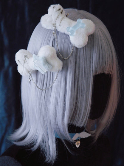 2 Options Star Charm Handmade White Plush Bone Hairclip with Chain