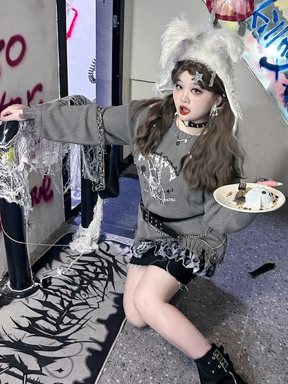 Plus Size Gray Kitty Sweater Distressed Holes