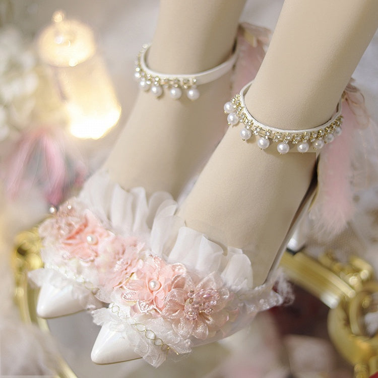 White & Pink Floral Design Feather Decorated 8CM Hime Lolita High Heels