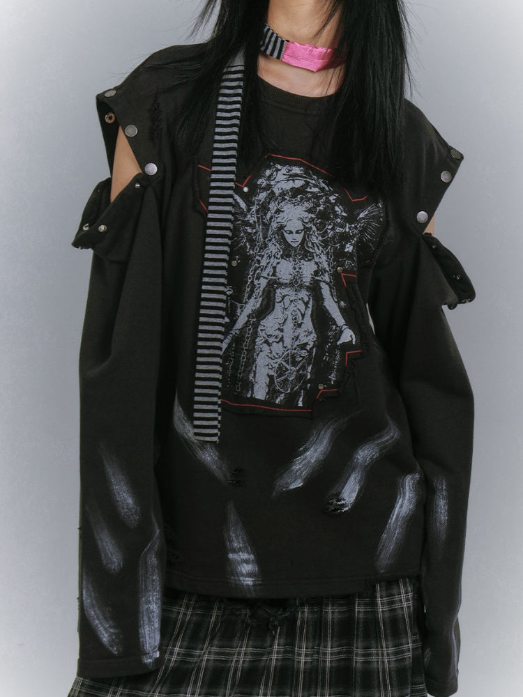 Applique Design Black Cutout Shoulder Faded Wash Distressed Sweatshirt