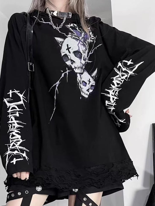 Black Emo Punk Skeleton And Letter Print Hoodie