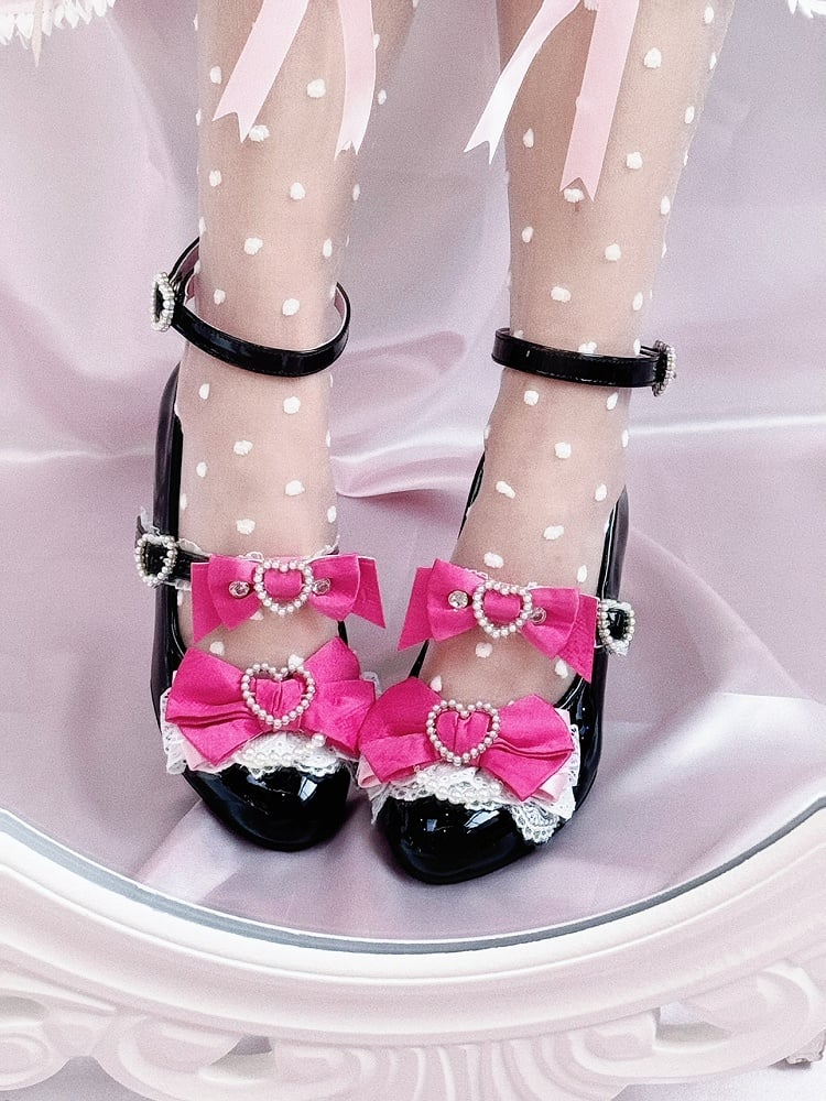 Black and Pink Gyaru Fashion Heart Cut-out Wedge Heels Mary Janes Jirai Kei Shoes