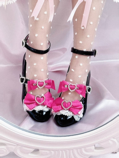 Black and Pink Gyaru Fashion Heart Cut-out Wedge Heels Mary Janes Jirai Kei Shoes