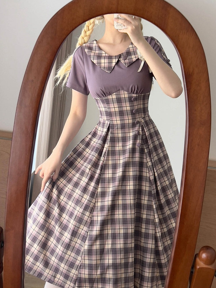 Light Purple Plaid Pattern Slim Fit Waist Retro Fashion Short Sleeves Dress