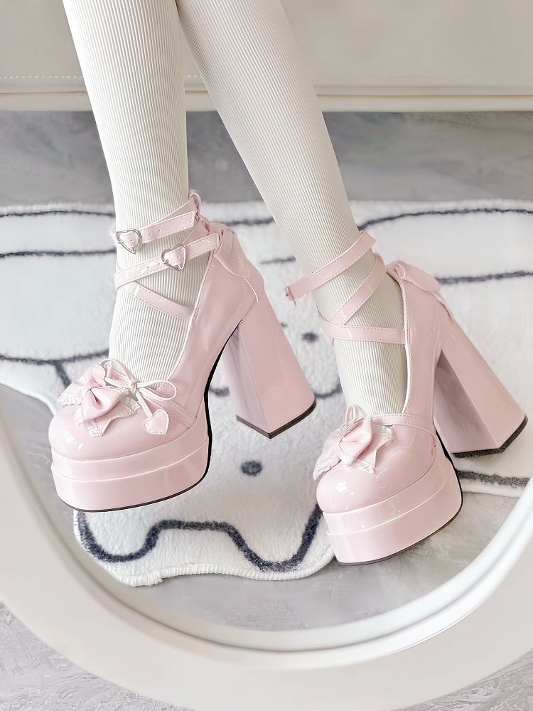 Pink Lace Trim Bow at Top Heart Buckles Crisscross Design Platform High Block Heels