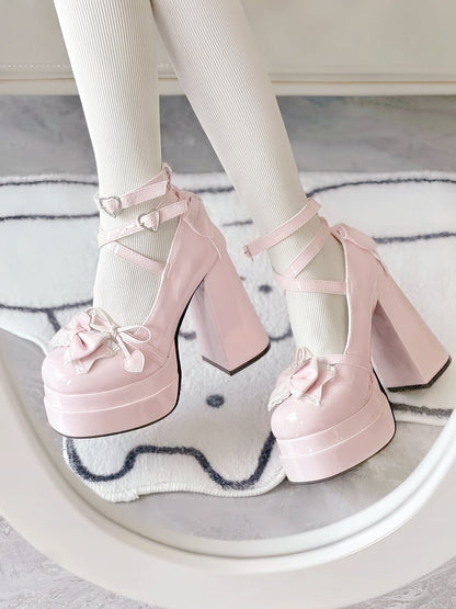 Pink Lace Trim Bow at Top Heart Buckles Crisscross Design Platform High Block Heels