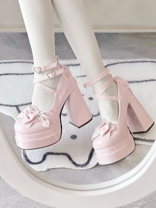 Pink Lace Trim Bow at Top Heart Buckles Crisscross Design Platform High Block Heels