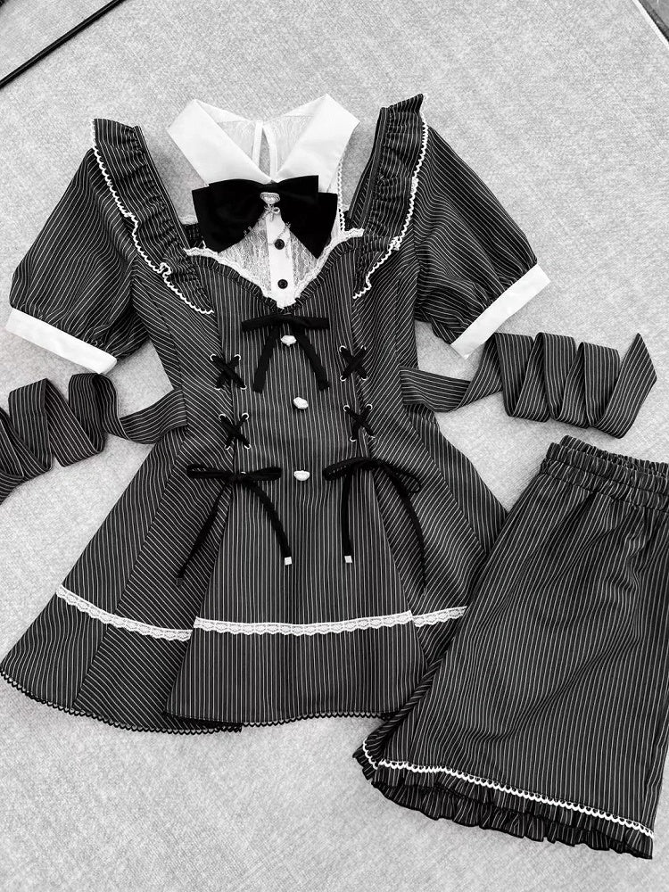 Jirai Kei Black Striped Set : Lace Patches Neckline Lace-up Waist Top + Shorts + Bowtie
