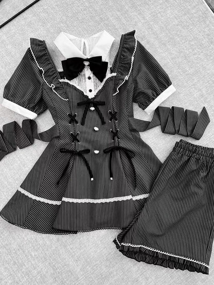 Jirai Kei Black Striped Set : Lace Patches Neckline Lace-up Waist Top + Shorts + Bowtie