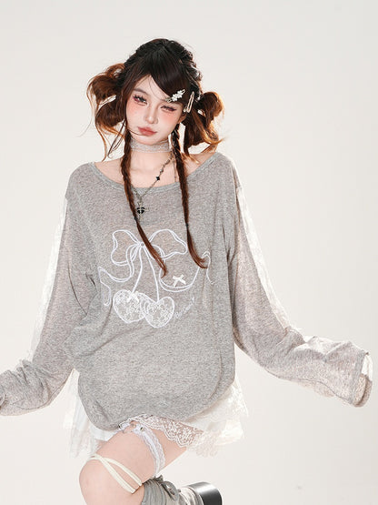 Cherry Embroidery Lace Patches Sleeves Gray Round Neck Coverup