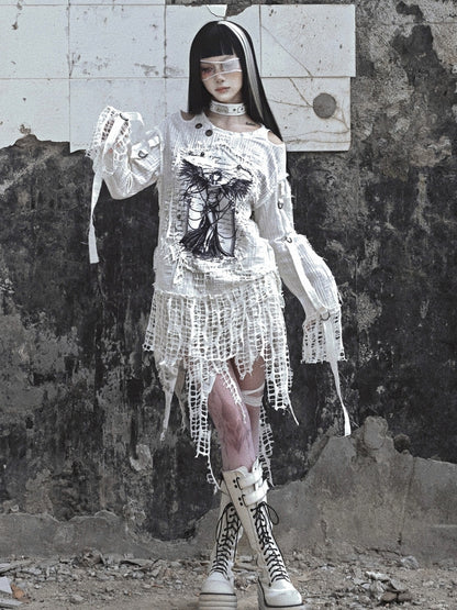 White Angel Print Cutout Shoulders Punk Oversize Sweat Shirt