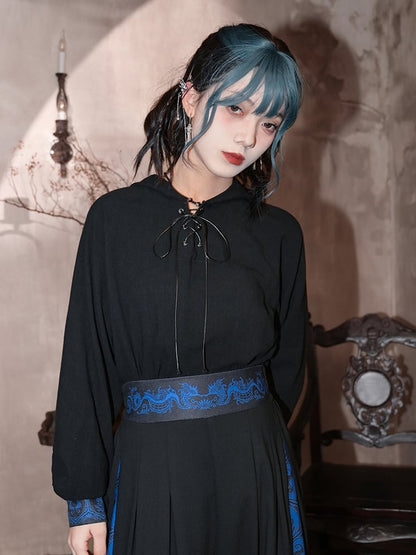 Black and Blue Hoodie with Lace-up Detail at Front