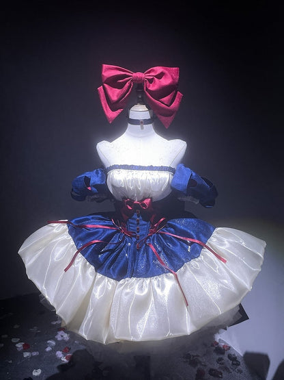 Blue & White Basque Waist Sweet Lolita Dress with Large Bow and Red Ribbon Accents