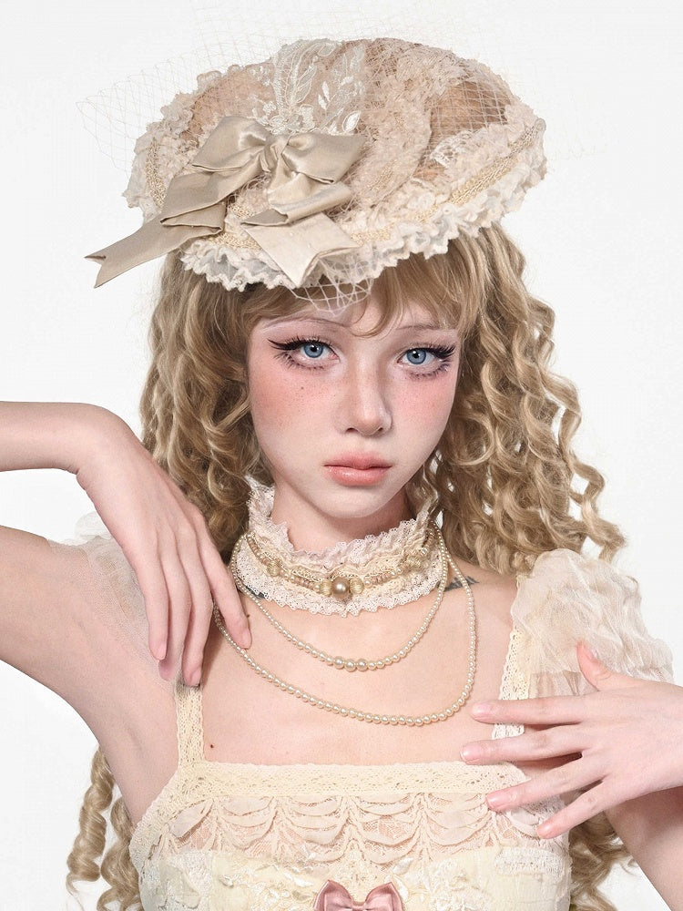 Apricot Bow Accent Vintage Mini Flat Hat