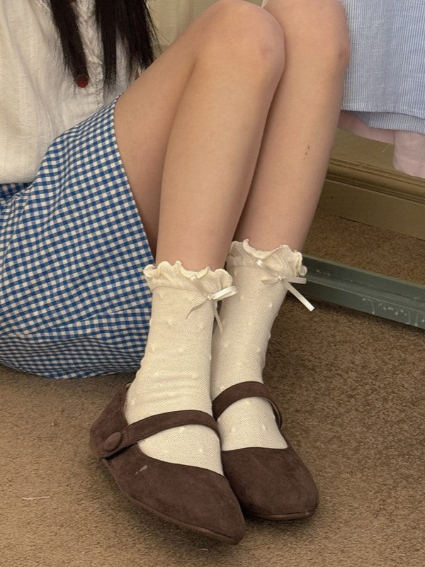 White/Black/Pink/Blue/Yellow Bowknot Details Polka-dot Pattern Ruffled Cuffs Calf Socks