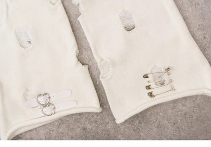 PU Buckles Gothic White Distressed Holes Leg Warmers