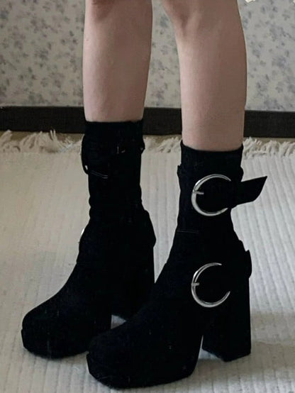 Platform Black High Block Heel Boots with Square Toe Design, Decorative Buckles & Inner Zip