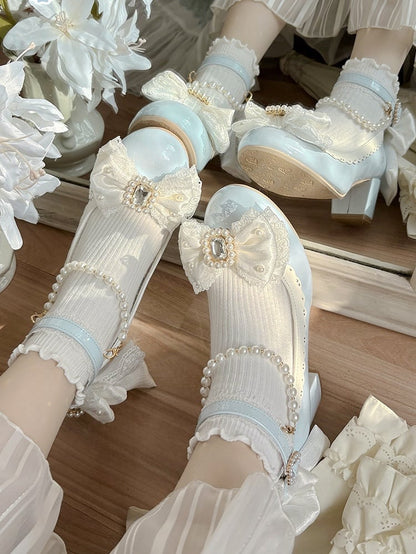 Blue Beaded And Rhinestone Decorated Bow at Top Lace Trim Mary Janes With Detachable Beaded Chain