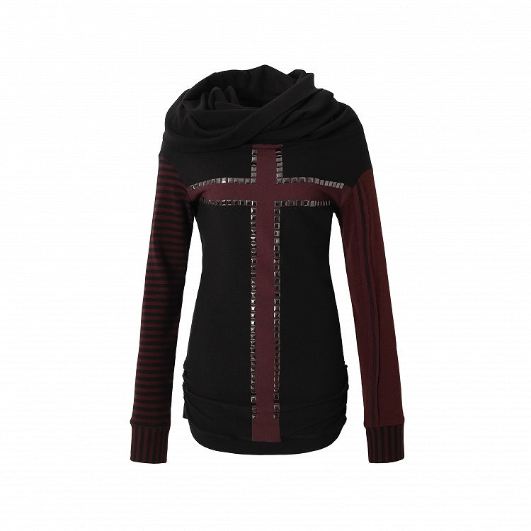 Black&Brown/Red&Black Striped Sleeves Top with Cross Design