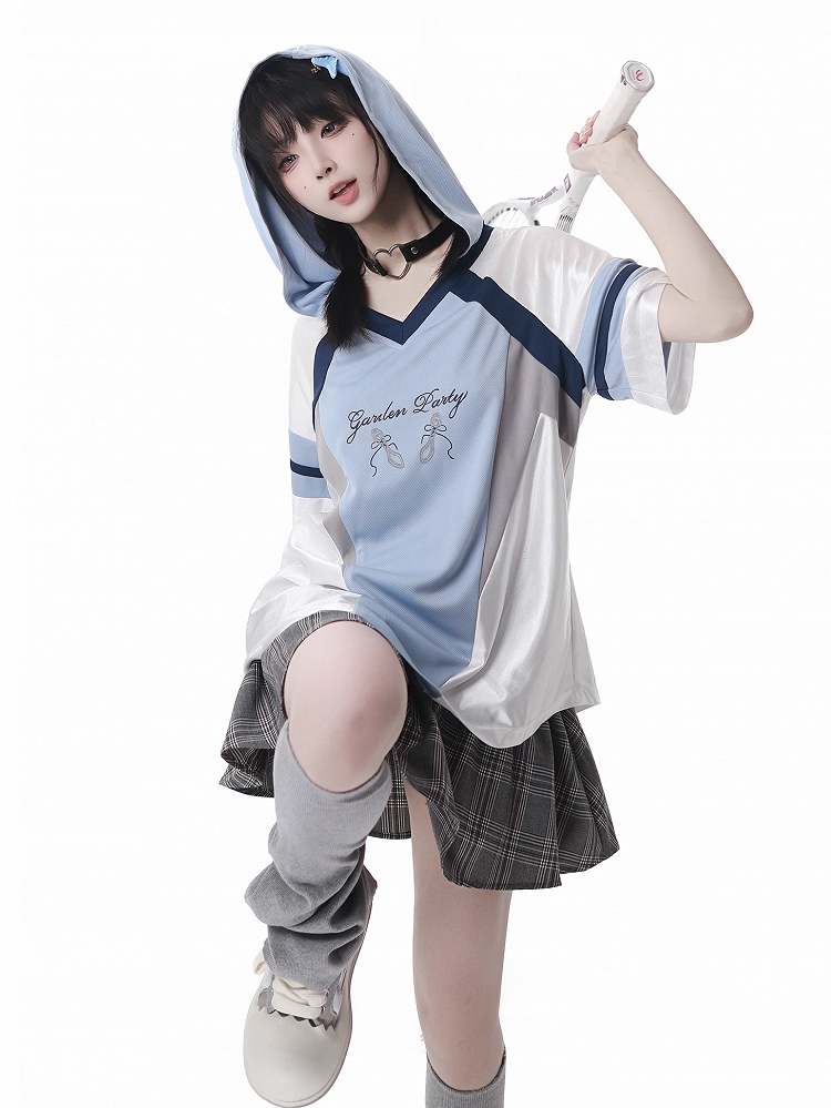 Blue Colorblock Design V-neck Blokette Core Hooded T-shirt