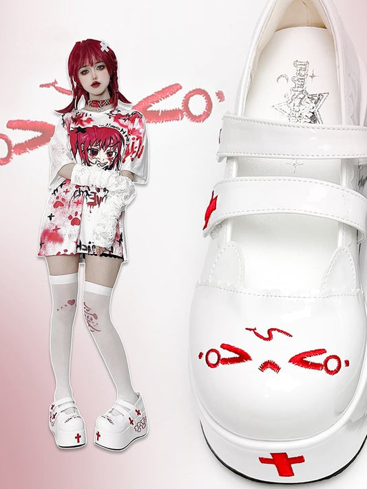 Crying Kitty and Cross Embroidery Red and White Velcro Straps Platforms