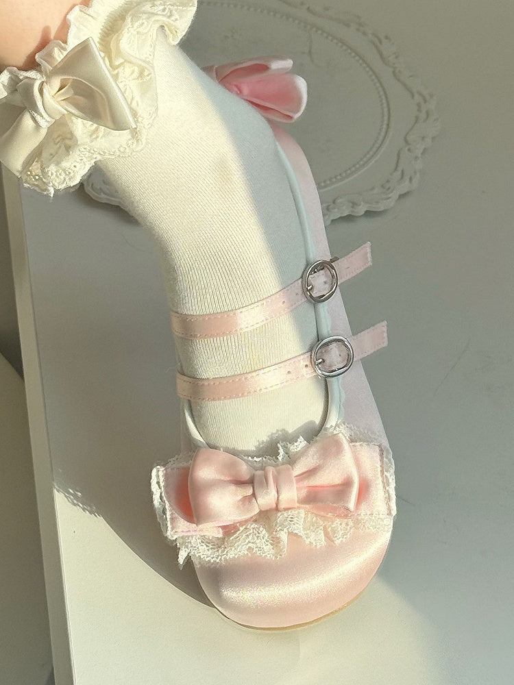 Sweet Pink Lolita Mary Janes - Ruffled Lace Edging, Ornate Bow & Dual Fasteners