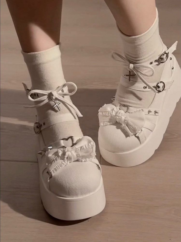 Spike Studs Bow Accents White Cross Gothic Platforms Punk Shoes