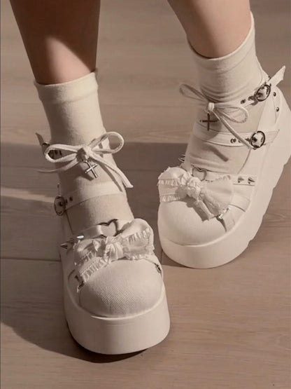Spike Studs Bow Accents White Cross Gothic Platforms Punk Shoes