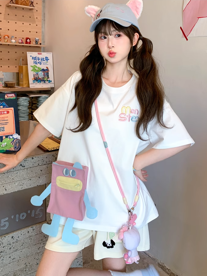 Blue/Pink Cartoon Pocket White Round Neck Loose T-shirt