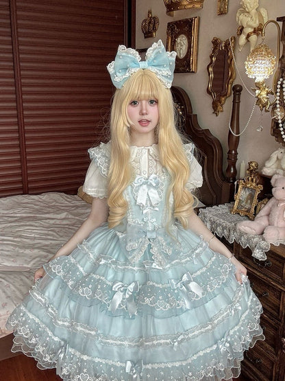 Blue Bow Accents Hanayome Princess Dress Layered Tulle Skirt Lolita JSK