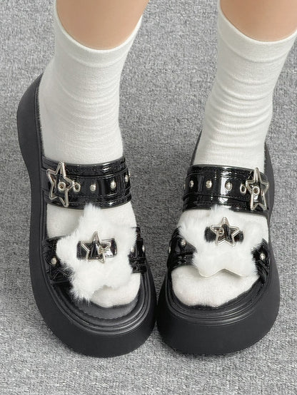 Alt-Goth Black Platform Slippers – Star Buckles, Metal Studs & White Fleece Top
