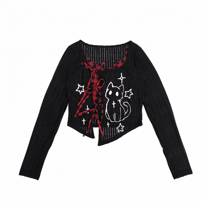 Y2K Red/Gray Plaid Cami Top with Kitten Print Black Coverup Set