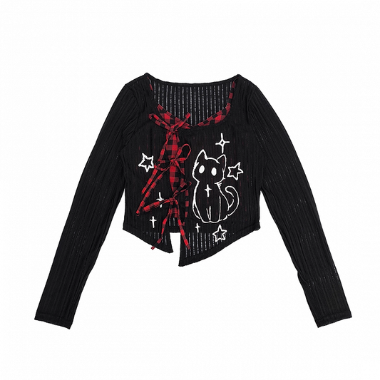 Y2K Red/Gray Plaid Cami Top with Kitten Print Black Coverup Set