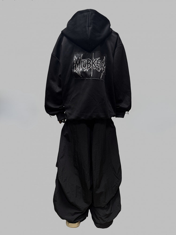 Black Two-way Zip Placket Letter Applique Jacket