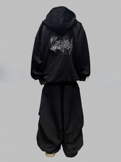 Black Two-way Zip Placket Letter Applique Jacket