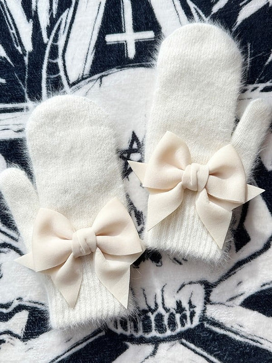 White Gothic Bowknot Details Full-finger Gloves