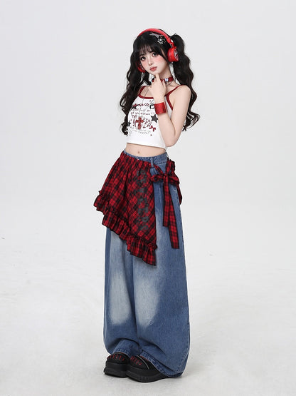 Blue Low Rise Faded Wash Wide-leg Jeans with Red Plaid Waist Accessory