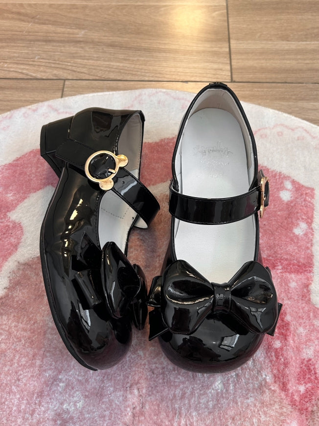 Polished Black Bow at Top 3cm Block Heel Mary Janes