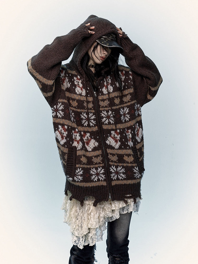 2024 Christmas Black/Brown Mohair Hooded Sweater