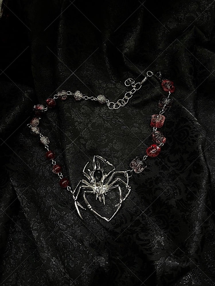 Red Gothic Beaded Spider Choker