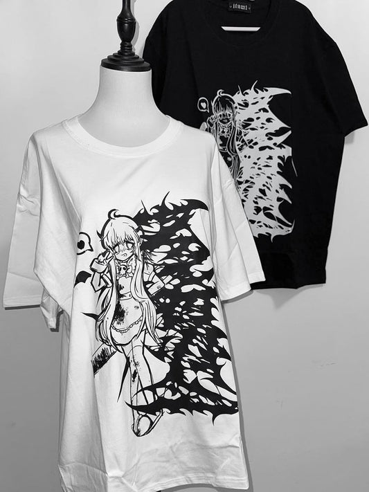 White/Black Jirai Kei Cartoon Girl Print Round Neck T-shirt