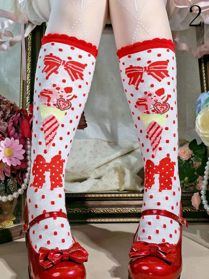 Strawberry Ice Cream Lolita Polka-dot Pattern Ruffled Cuff Calf socks