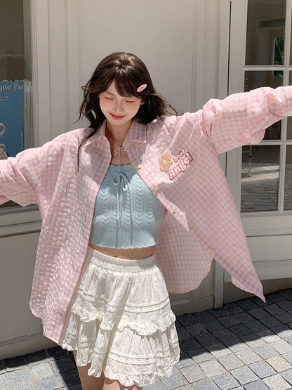 Adorable Bear Embroidery Pink Loose Plaid Shirt