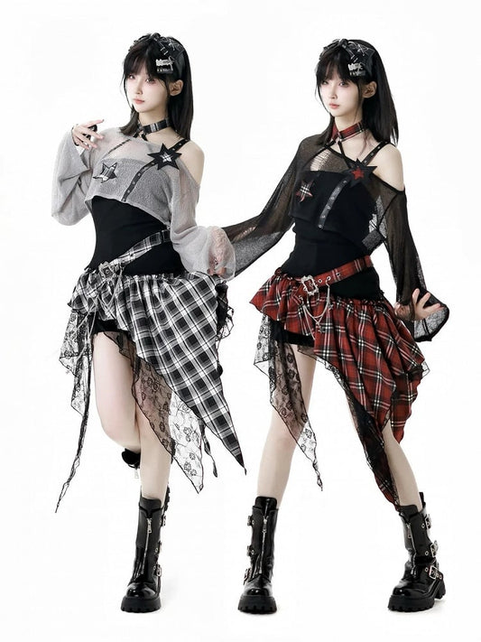 Red/Black & White Plaid Mesh Patches Handkerchief Hem Punk Rock Strapless Dress
