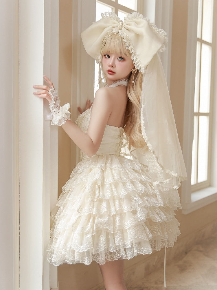 Creamy White Princess Embroidered Scallop Trim Tiered Skirt Lolita Dress