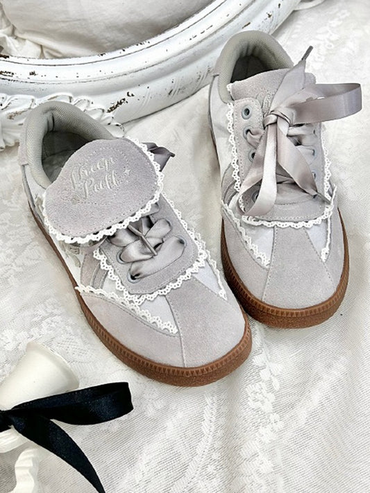 Gray Fold-over Design Lace Trim Sneakers