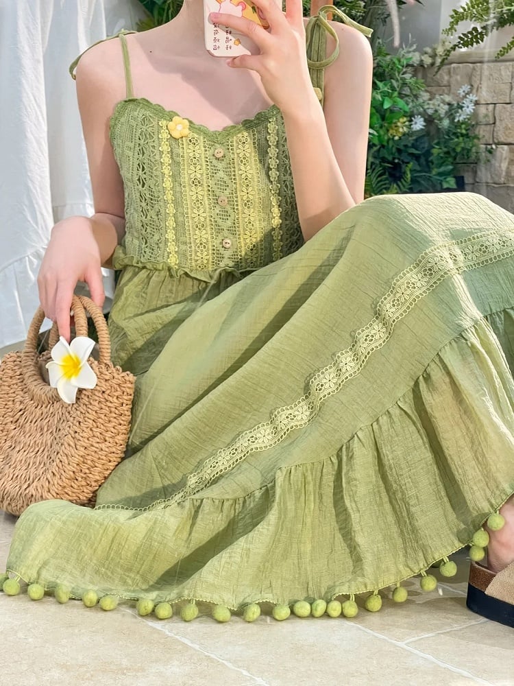 Mori Kei Green Pompon Tassel Hem Lace Trim A-line Skirt
