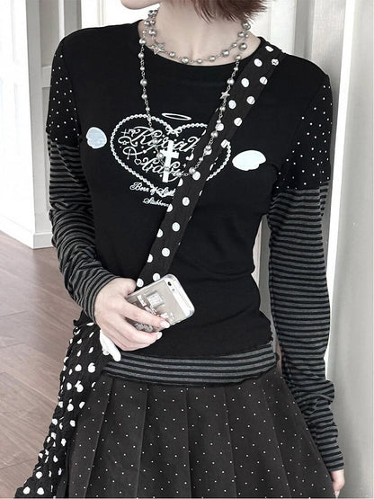 Black & Gray Striped Top with Heart & Corss Print Faux Two-pieces